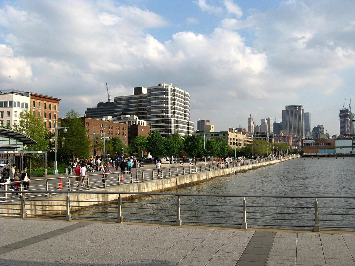 Paths and benches along the Hudson River Park waterfront near the West Village