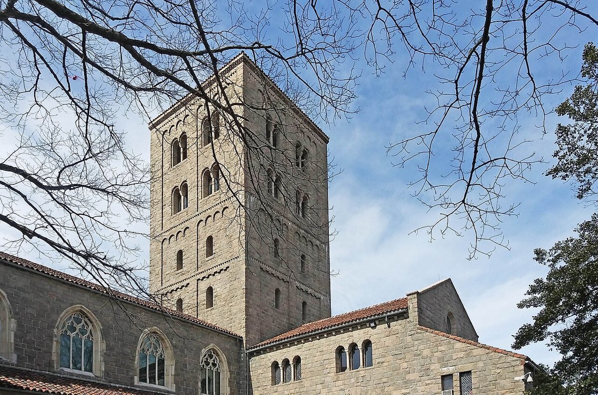 Stone cloister garden and archways at the Cloisters museum in New York