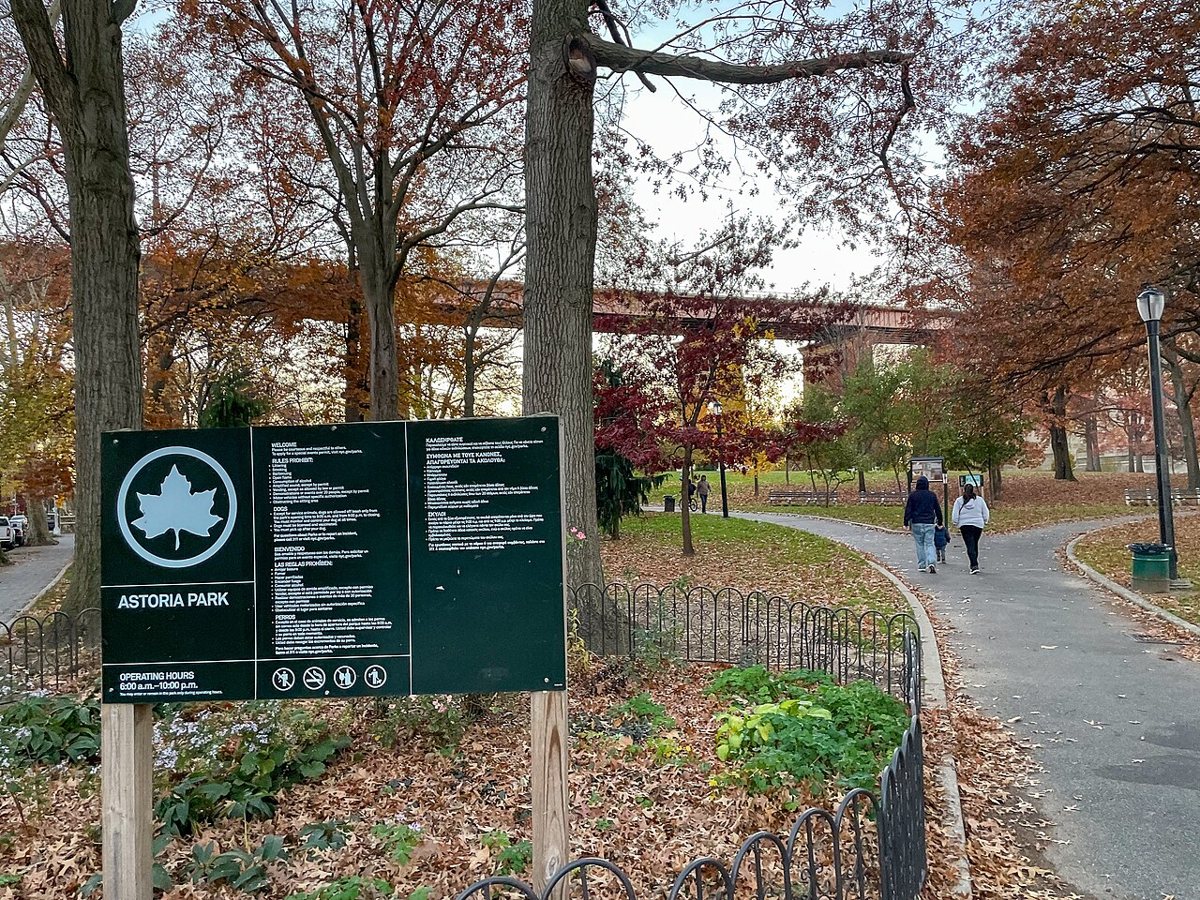 the East River waterfront at Astoria Park with the bridges overhead