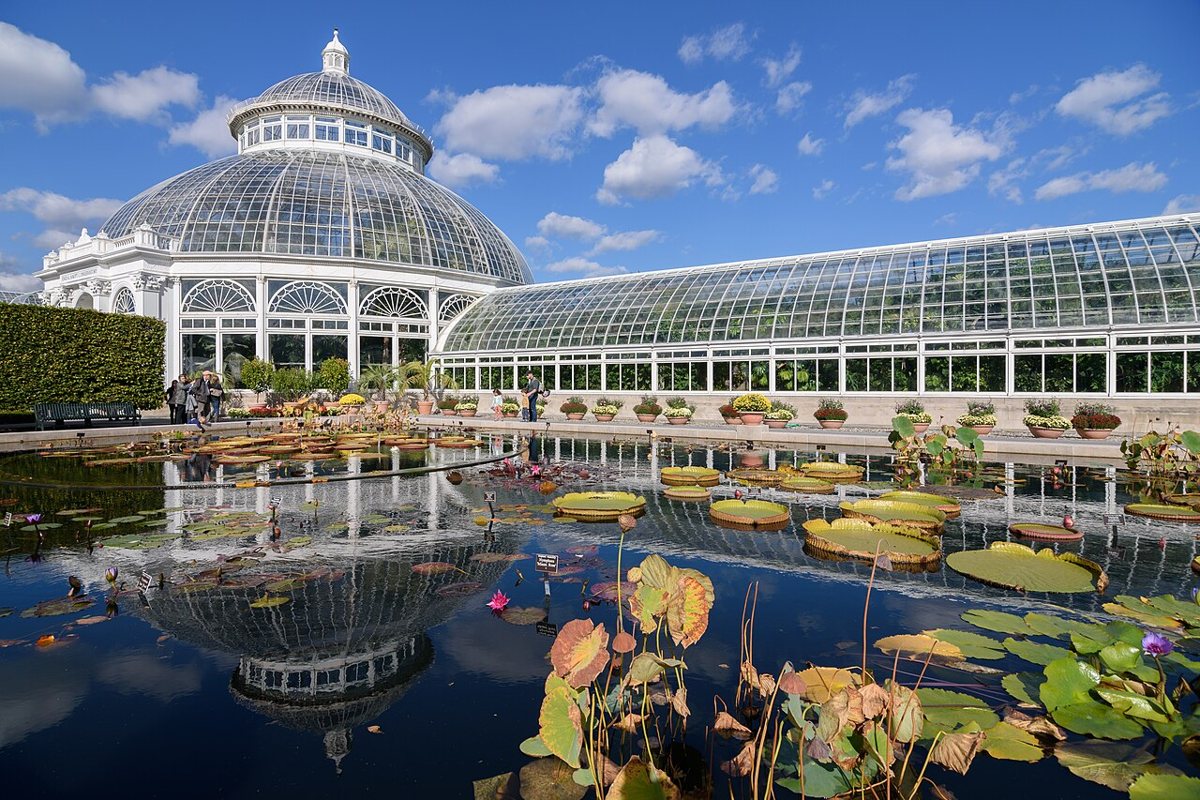 greenhouse and garden paths at the New York Botanical Garden in spring
