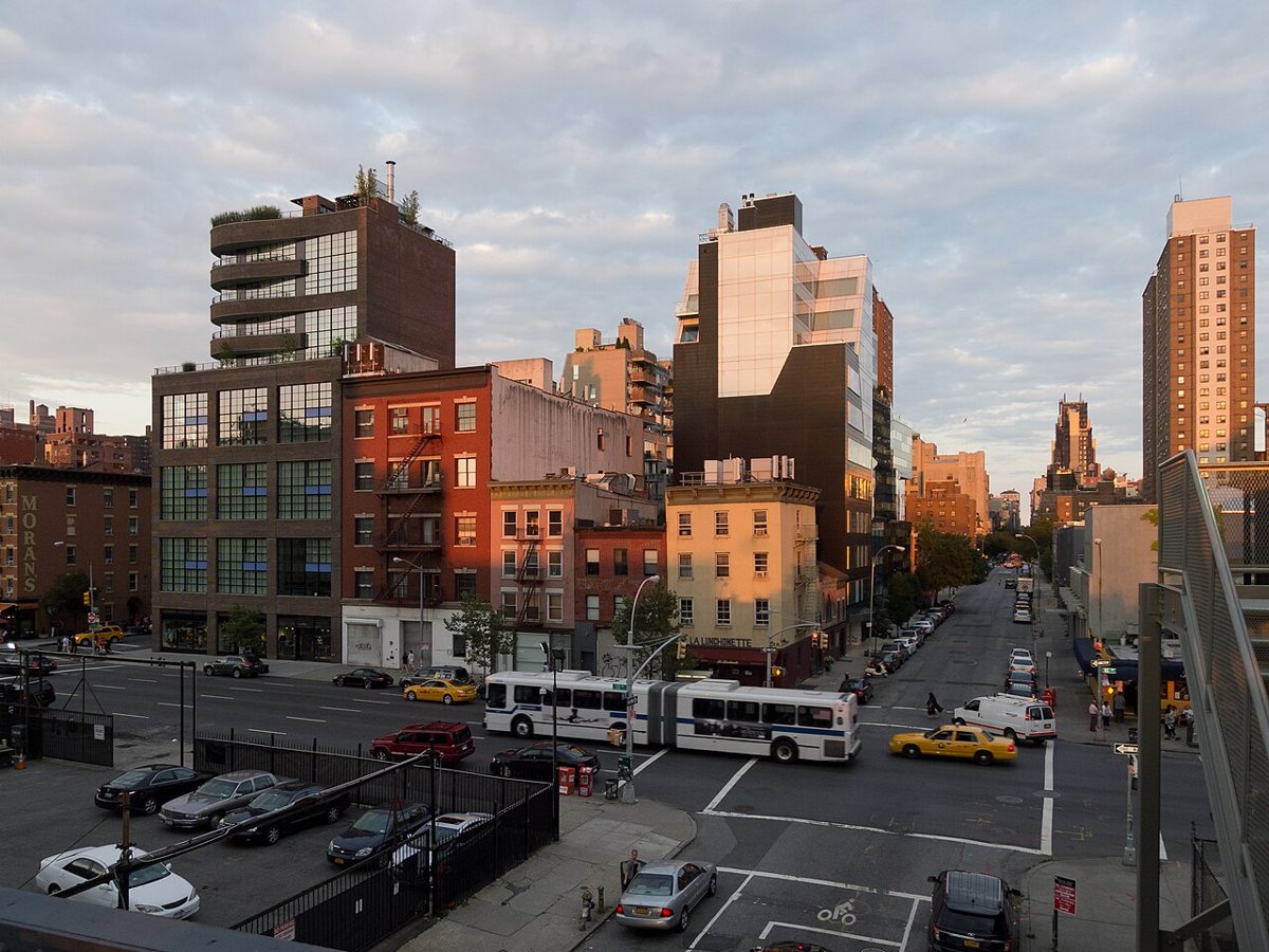 an evening view from the High Line over the streets of the Meatpacking District