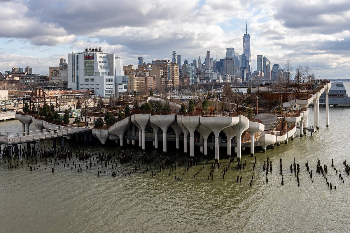 the raised park structures and walkways of Little Island on the Hudson River